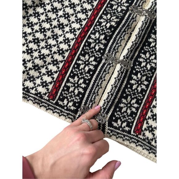 Norlender Wool Cardigan Size L Pewter Button Front Cream Black Red - Picture 7 of 11